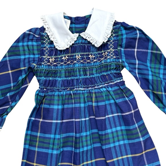 Vintage Polly Flinders Dress Hand Smocked Blue Plaid Flowers 4 - Picture 1 of 6